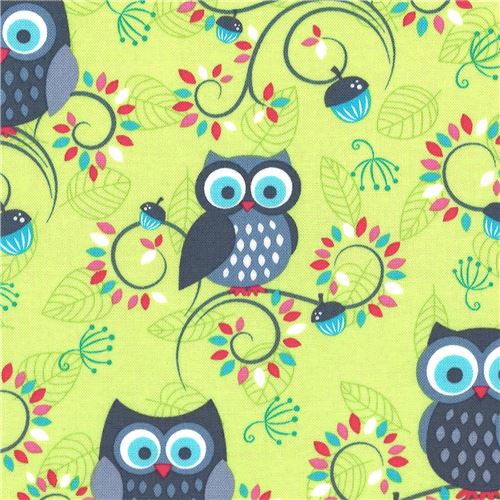 Remnant (26 x 112 cm) - light green Michael Miller fabric owl bird ...