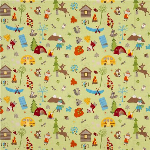 light green Riley Blake children fabric tent canoe animals 2