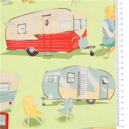 Tessuto retrò verde chiaro tema camping, USA Tessuto