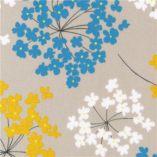 light grey canvas blue white yellow flower fabric Robert Kaufman USA