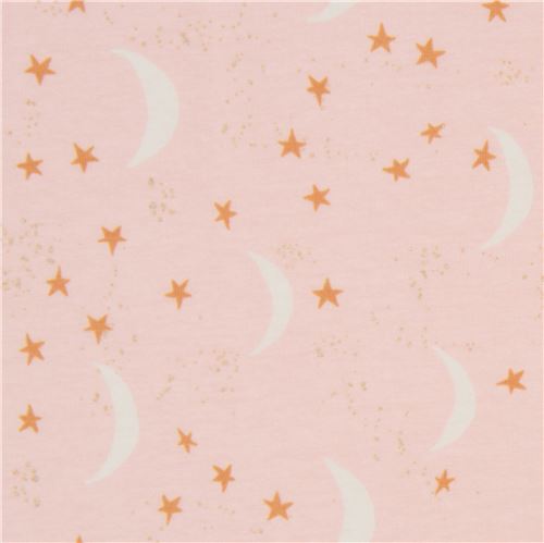 Tissu en jersey pêche clair avec des étoiles et des lunes Tissu