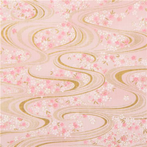 light peachpink wavy line flower gold metallic embellishment fabric