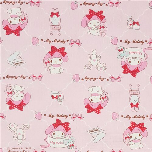 light pink laminate fabric with My Melody and small strawberries Fabric