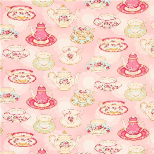 light pink with colorful teapot tea cup fabric from Japan Fabric by Cosmo modes4u