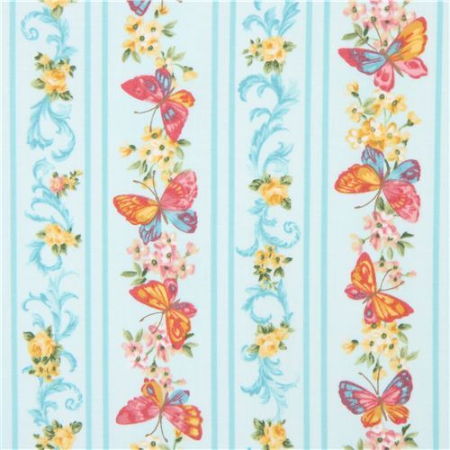 Tissu Robert Kaufman turquoise clair, bandes, papillons, fleurs, Lady Elizabeth Tissu