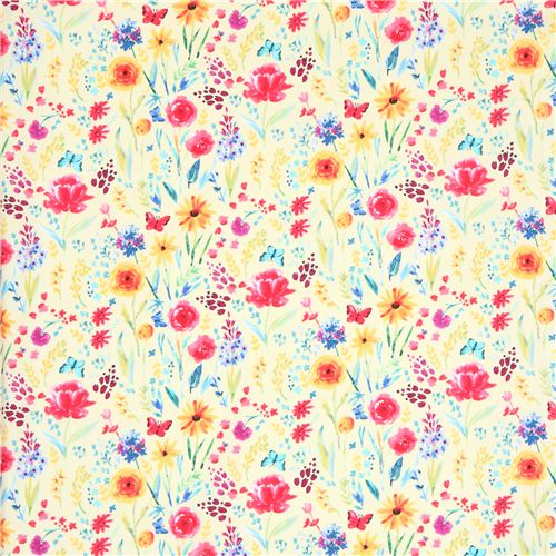 light yellow Michael Miller fabric colorful flower Meadow Menagerie ...
