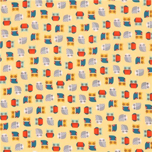 Fat Quarter (50 x 56 cm) - light yellow Robert Kaufman fabric cute teal grey owl bird Suzys Minis 3