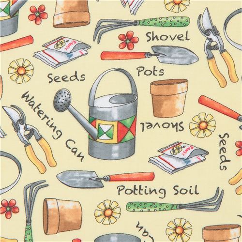 light yellow fabric with gardening tool watering can clipper Quilting