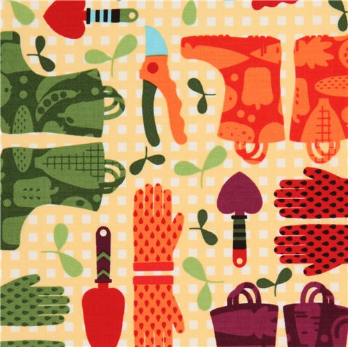 light yellow gardening supplies fabric by Timeless Treasures 1