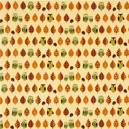 light yellow oxford owl fabric with leaves Cosmo from Japan 2