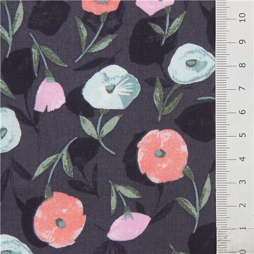 lightweight cotton lawn fabric in grey with poppy flowers modeS4u