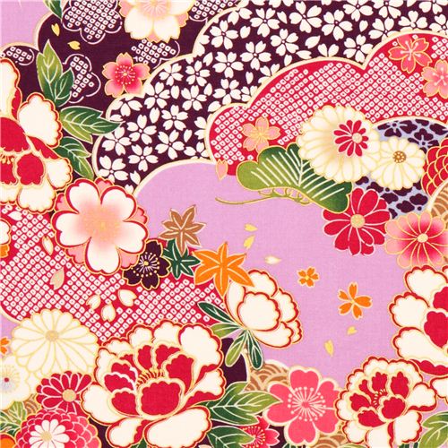 lilac Kokka Japanese flower fabric with gold Fabric by Kokka - modeS4u