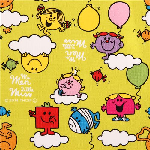 lime green Mr Men and Little Miss clouds Sanrio oxford fabric from Japan -  modeS4u