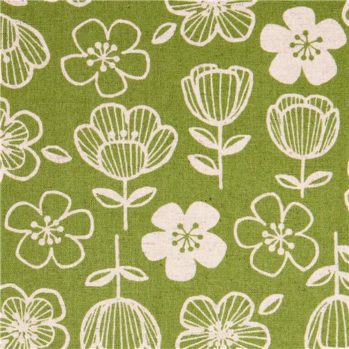 lime green and naturalcolored flower Canvas fabric from Japan Flower