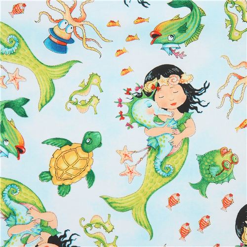 mermaid fabric by Quilting Treasures in light blue 1