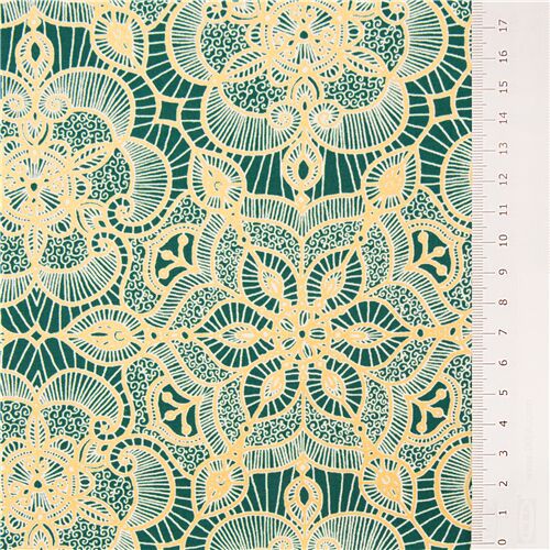 metallic-gold-quilting-treasures-lace-digitally-printed-fabric-cotton-on-green-modes4u