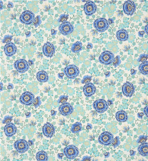 metallic gold and cream fabric with blue poppy flowers by Robert ...