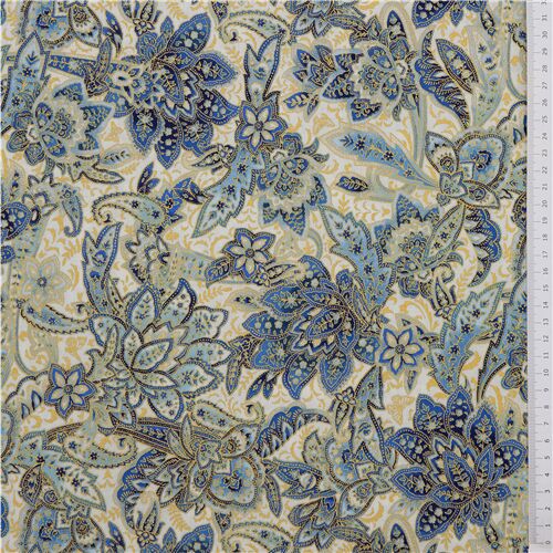 metallic gold blue paisley on cream cotton fabric by Robert Kaufman ...