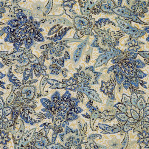 metallic gold blue paisley on cream cotton fabric by Robert Kaufman ...