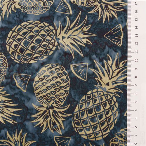 metallic gold pineapple batik fabric in dark blue by Michael Miller