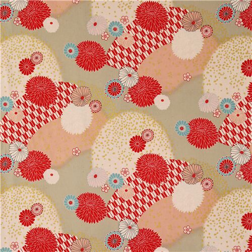 metallic gold red floral cotton fabric by Kokka - modeS4u