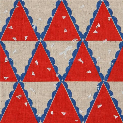 metallic silver canvas fabric with red and natural color triangles by echino Fabric