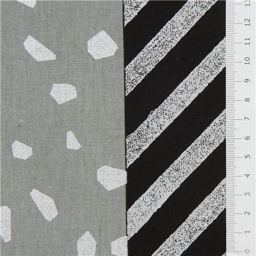 Fat Quarter (50 x 55 cm) - Tela de lona de echino con franjas y estampados negro gris plateado metal 4