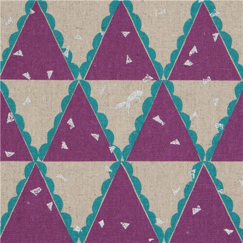 metallic silver echino canvas fabric with natural color and purple triangles Fabric