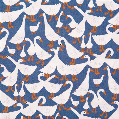 mid blue cotton fabric with white geese bumping into each other by Dear ...