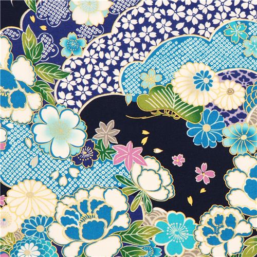midnight blue Kokka Japanese flower fabric with gold - Flower Fabric ...