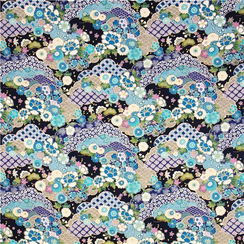 midnight blue Kokka Japanese flower fabric with gold Fabric by Kokka ...