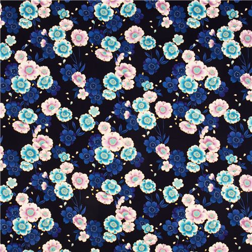 midnight blue Kokka cherry blossom flower fabric with gold 2