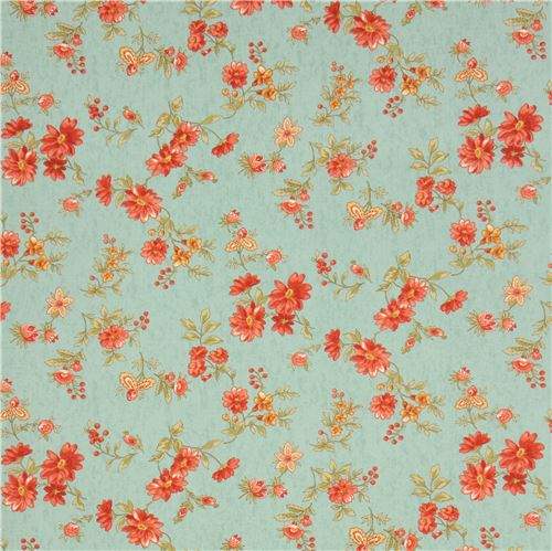 mint green Lecien fabric coral red flower 2