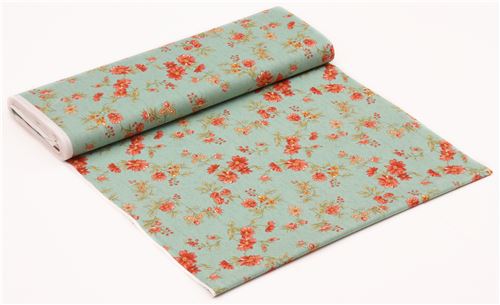 mint green Lecien fabric coral red flower 3