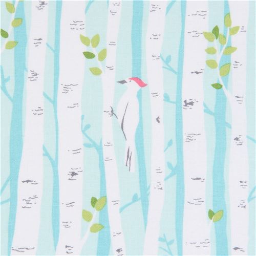 mint green Michael Miller fabric woodpecker bird animal tree Birch ...