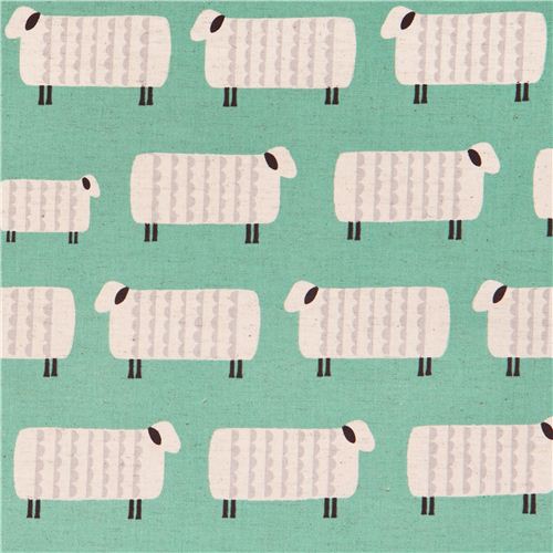 mint green Sheep animal sheep Canvas fabric Charms Kokka Fabric by