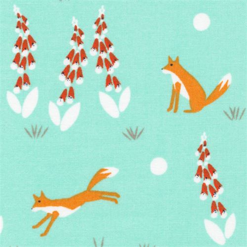 mint green cute fox animal flower Cloud 9 organic cotton fabric ...