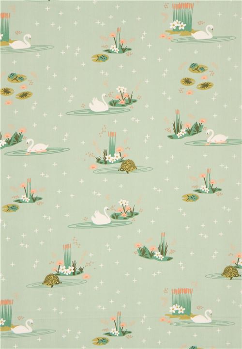 mint green with swan turtle frog lily pad organic fabric by birch from the USA 3