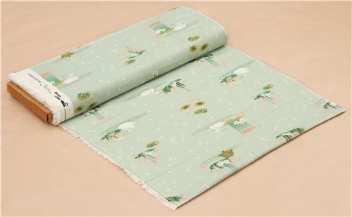 mint green with swan turtle frog lily pad organic fabric by birch from the USA 4