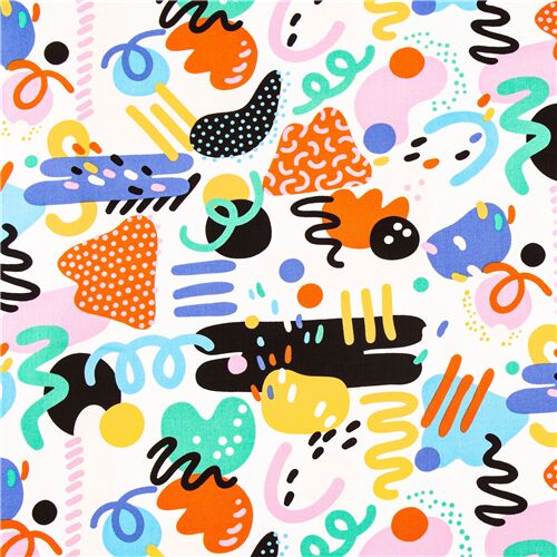 modern graphic white cotton fabric dots squiggles orange pink blue ...