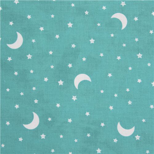 moon and stars Michael Miller teal cotton fabric astronomy night sky ...