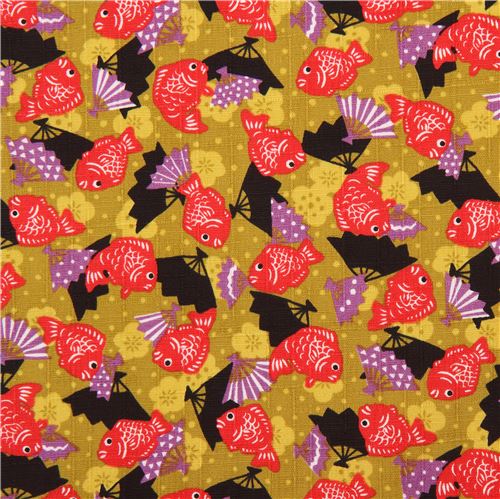 moss green structured fish fan flower Kokka Dobby fabric 2