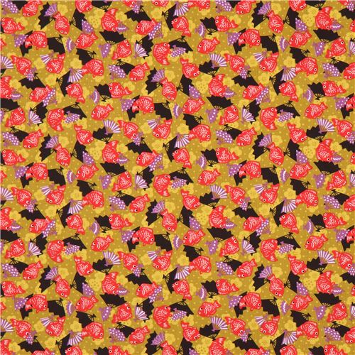 moss green structured fish fan flower Kokka Dobby fabric 4