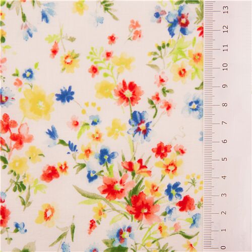 multicolour blooms on cream painterly floral cotton Japanese lawn