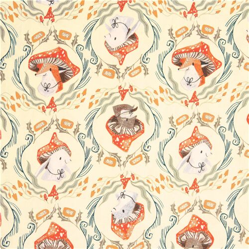 Tissu en coton crème Dear Stella lapins souris renards bonnets et champignons Tissu