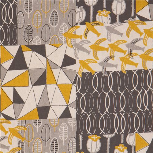 mustard yellow grey Lecien Cotton Buckingham fabric bird leaf - modeS4u