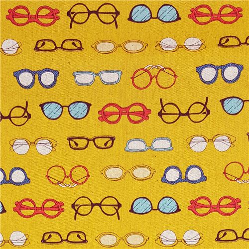mustard yellow retro canvas fabric with colorful glasses by Cosmo Fabric