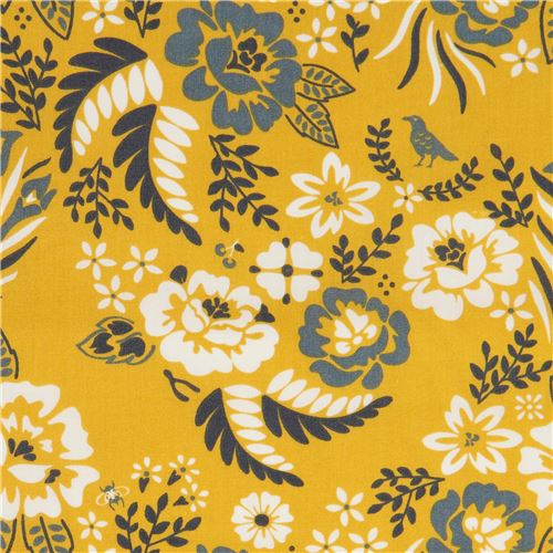 mustard yellow with flower leaf birch organic fabric from the USA