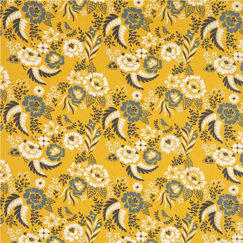 mustard yellow with flower leaf birch organic fabric from the USA