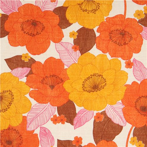 natural color Baniran fabric with orange mustard yellow flower by Kokka ...